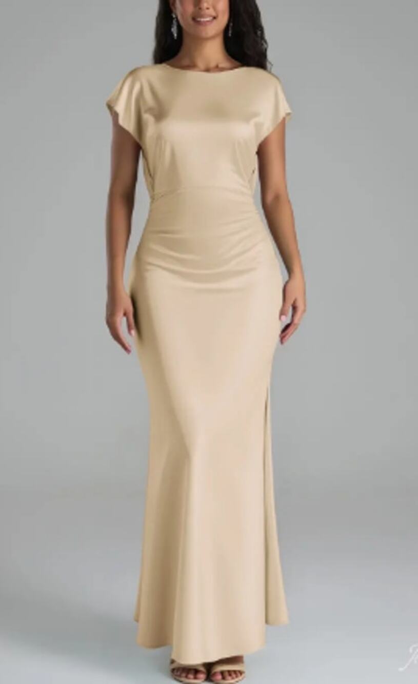 AW BRIDAL 8 M champagne Lacey satin bridesmaid formal party maxi dress NEW 0B6